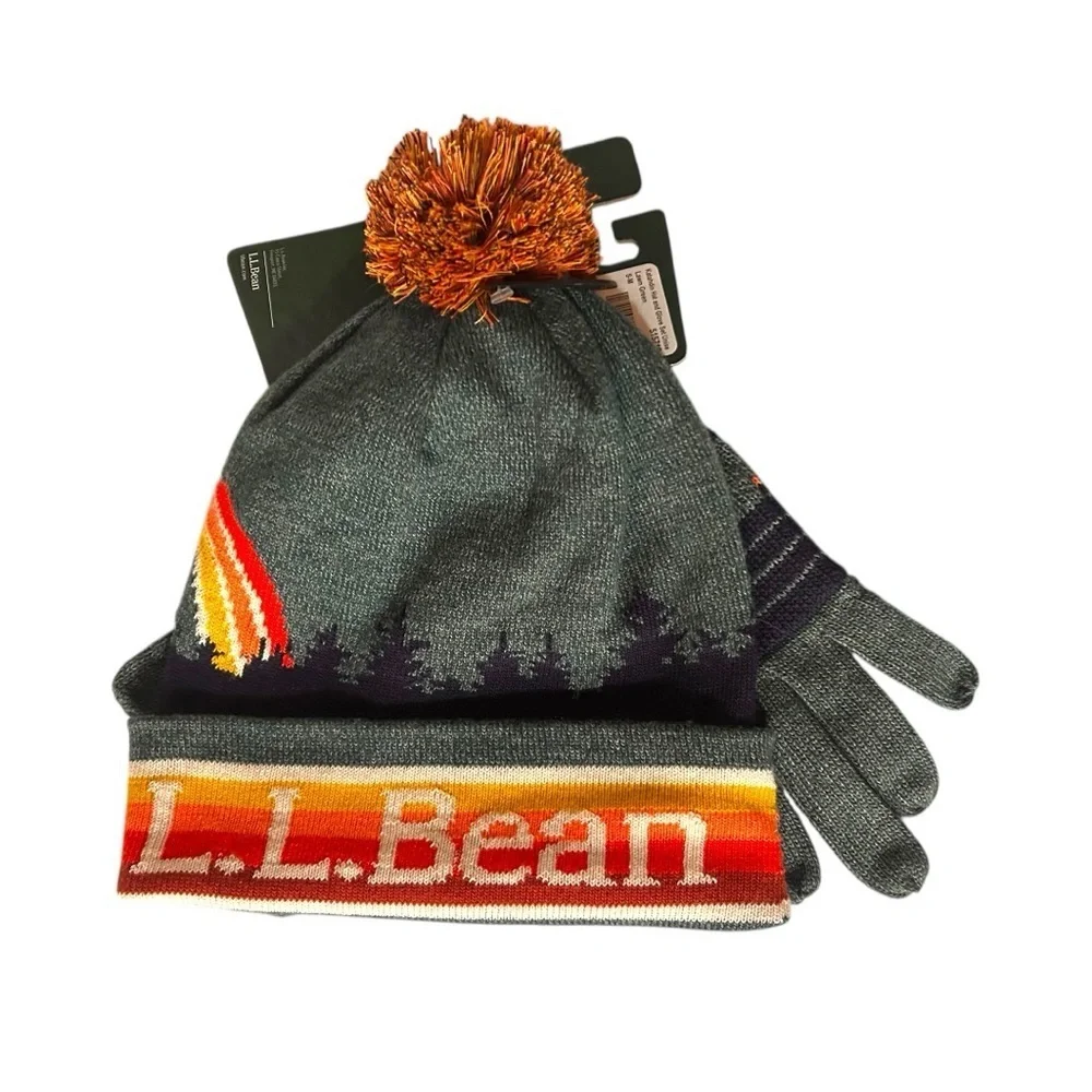 L.L. Bean Katahdin Multicolor Knit Gloves Pom Pom Hat